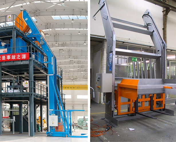 Zwei JOEST Hebe-Kippgeräte: Großanlage in Blau für industrielle Anwendungen und kompakte Ausführung in Orange für Behälterhandling