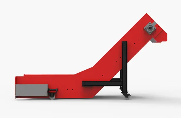 Side view of a wire mesh belt conveyor in L-configuration