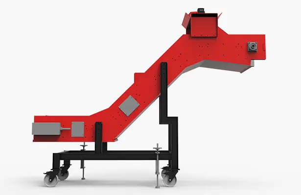Red wire mesh belt conveyor in Z-configuration with stable chassis and precise routing
