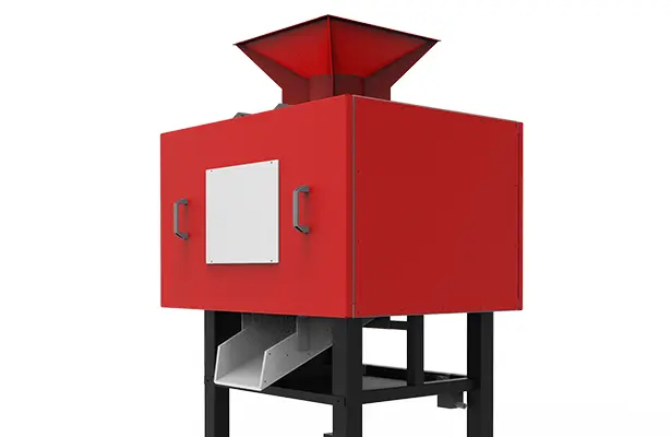3D depiction of a red de-oiling centrifuge for the industrial de-oiling of metal parts.