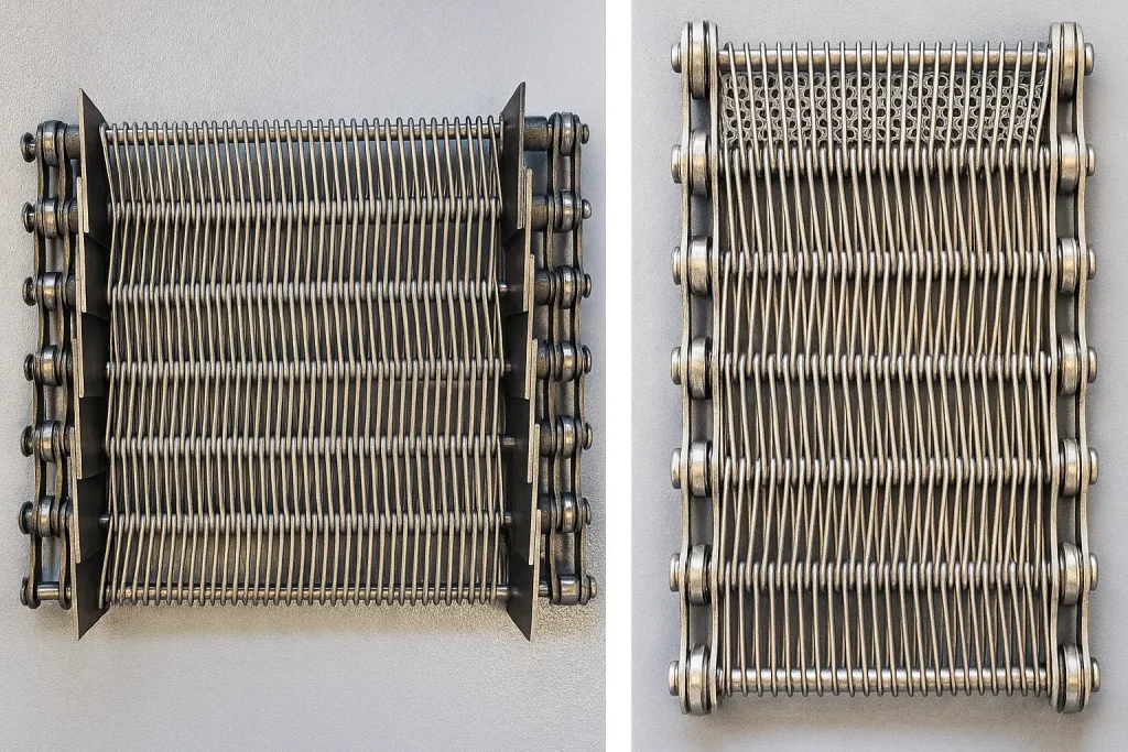 Close-up of a fine-mesh and a wide-mesh wire belt weave