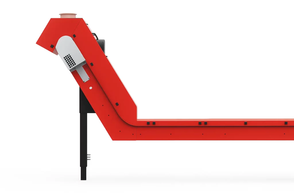 3D animation of a Magnetic Slide Conveyor in L-configuration on a white background