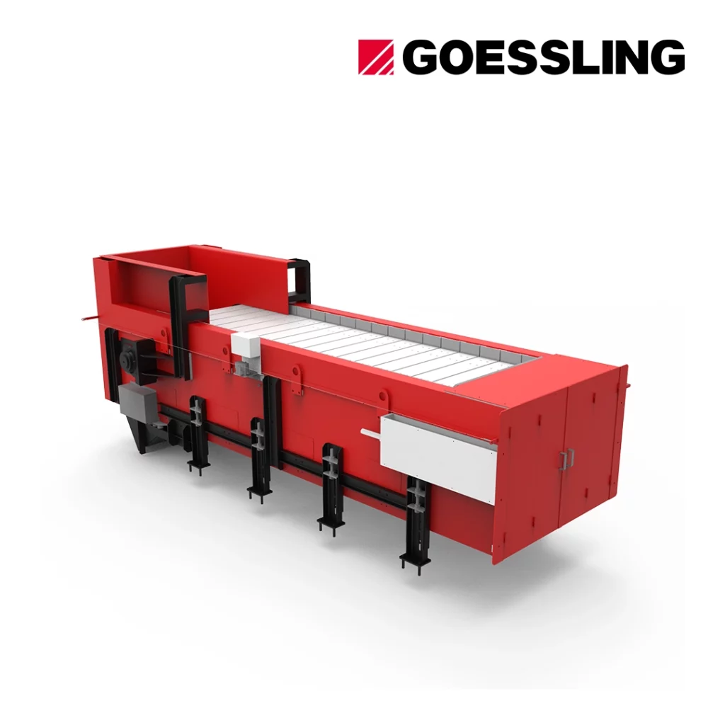 Scharniergurtförderer zur Entsorgung von Stanzschrott und zum Transport von Druckgussteilen, Schrauben und Abgrat in der Metallverarbeitung